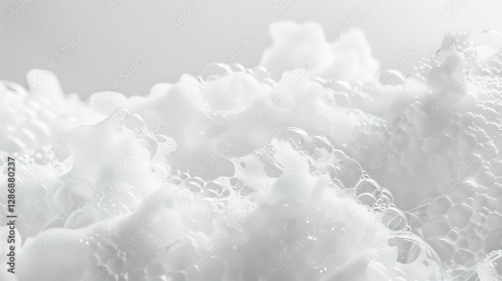Fototapeta premium Close up of white soap foam texture on plain background with abstract patterns and bubbles