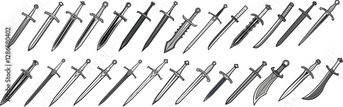 Diverse collection of medieval sword silhouettes in vector format, ideal for fantasy, historical, and warrior-themed artwork designs