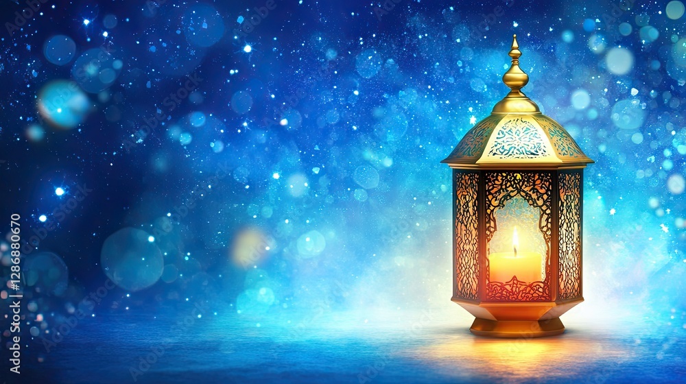 Glowing Ramadan Lantern with Candlelight on Festive Blue Background