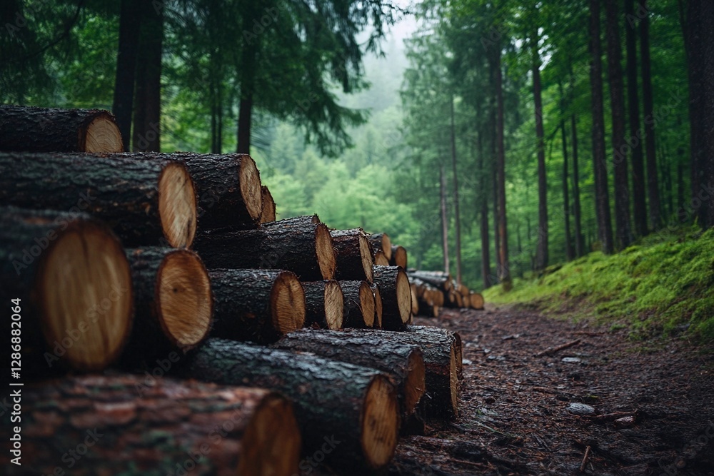Stacked logs line a forest trail, almost hidden by mist, where green foliage flourishes and large trees tower above, creating a serene and tranquil atmosphere Stacked logs line a forest trail, almost hidden by mist, where green foliage flourishes and large trees tower above, creating a serene and tranquil atmosphere