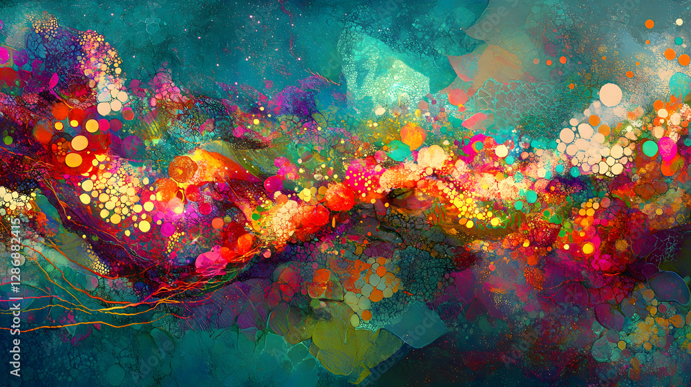 Obraz premium Abstract painting depicting the concept of space with vibrant colors and dynamic shapes creating a sense of depth and movement