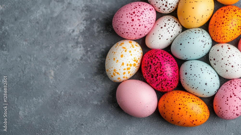 Colorful speckled Easter eggs on grey background Colorful speckled Easter eggs on grey background