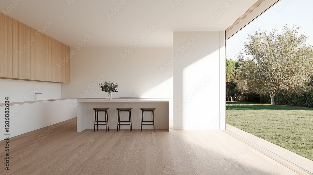 Obraz premium Modern kitchen with garden view, interior design, bright and spacious