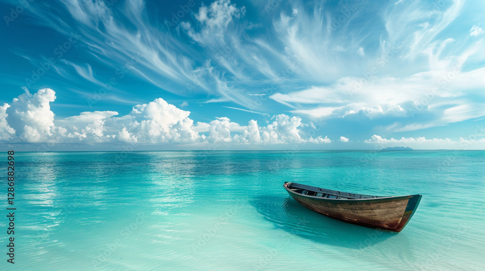 A vibrant seascape with a gently floating boat and a horizon of endless blue A vibrant seascape with a gently floating boat and a horizon of endless blue