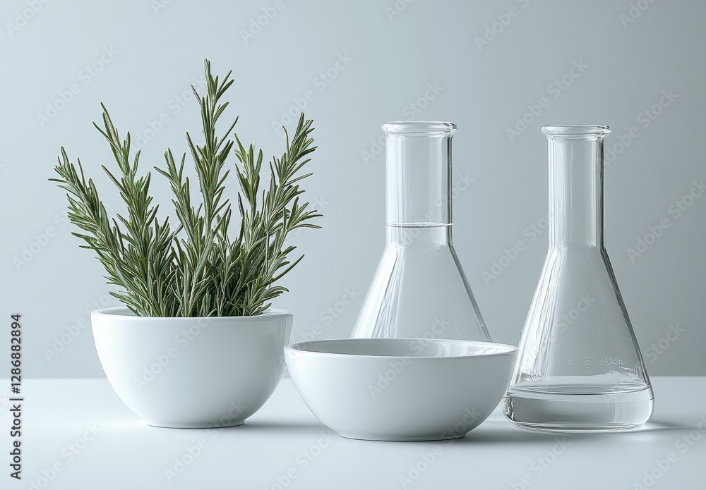 Fresh Green Rosemary Plant in White Bowl with Glass Laboratory Equipment for Natural Science and Herbal Research in Bright Minimalist Setting Fresh Green Rosemary Plant in White Bowl with Glass Laboratory Equipment for Natural Science and Herbal Research in Bright Minimalist Setting