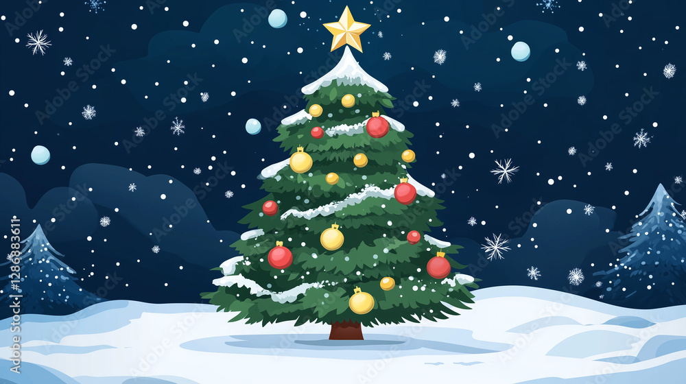 Obraz premium christmas tree decorated in snow illustration