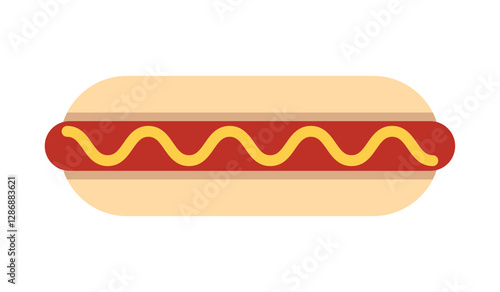 Hot dog with sausage, bread and mustard. A traditional fast food street dish for a quick snack. Hot-dog Vector illustration isolated on a white background for menu, restaurant, print and web, EPS 10.