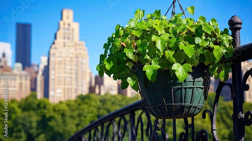 Hanging Basket with Ivy Overlooking the New York City Skyline