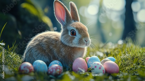 Happy Easter Bunny with Colorful Eggs: Festive Spring Illustration. Perfect for Easter cards, greetings, social media, websites, banners, and          photo