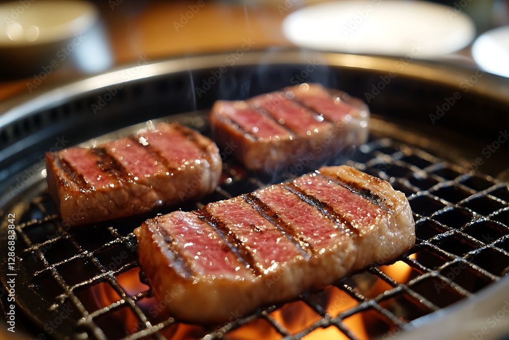 Delicious Wagyu Beef Slices Grilling on a Hot BBQ Grill Delicious Wagyu Beef Slices Grilling on a Hot BBQ Grill