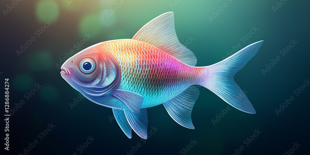 Rainbow fish swimming underwater in dark background with bokeh effect