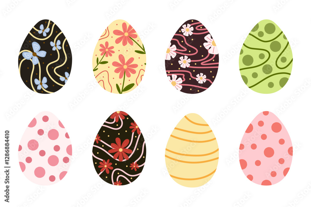 Fototapeta premium Decorative Easter eggs set with floral, abstract, and polka dot patterns on white isolated background. Cute symbolic illustration in vector flat style. For postcards, icons, posters.