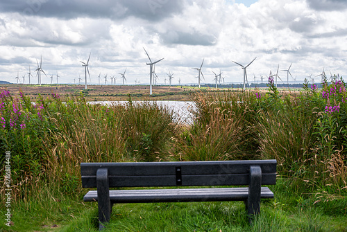 Landscape photography of wind turbines farm; windmills; wind power; power generation; electricity generation,  green energy; Whitelee Windfarm, Scotland