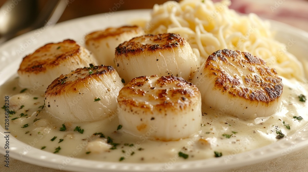 Delicious sauteed scallops in creamy sauce served with pasta, on a plate Delicious sauteed scallops in creamy sauce served with pasta, on a plate
