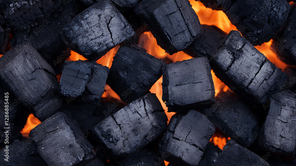 Close-up of glowing hot charcoal briquettes, igniting with vibrant orange flames, ready for grilling and cooking outdoors in an outdoor environment. Close-up of glowing hot charcoal briquettes, igniting with vibrant orange flames, ready for grilling and cooking outdoors in an outdoor environment.
