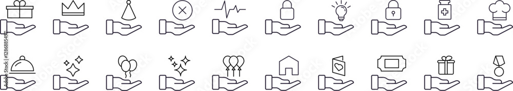 Bundle of Chef, House, Holiday on Hand Related Line Icons. Outline Signs for Graphic and Web Design, Apps, Adverts, Various Cards Bundle of Chef, House, Holiday on Hand Related Line Icons. Outline Signs for Graphic and Web Design, Apps, Adverts, Various Cards