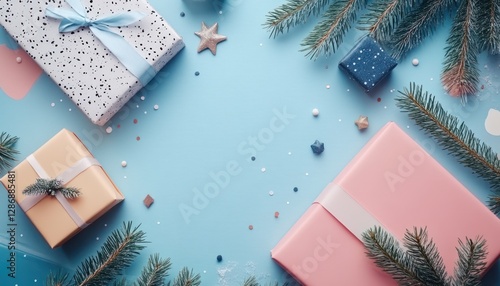 Festive Gifts Decorated With Bows And Pine Branches