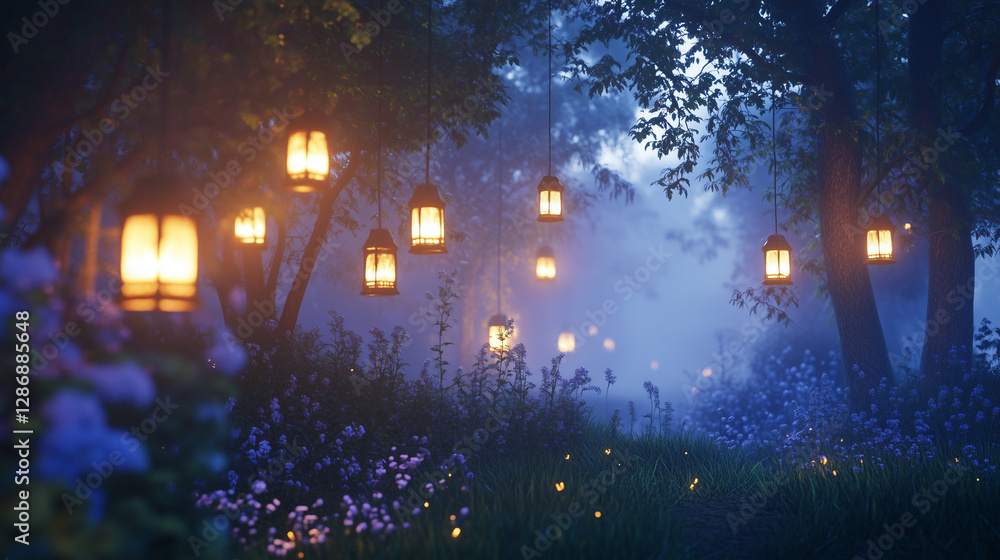 Fototapeta premium Enchanted Evening: A serene and captivating scene of an evening garden illuminated by soft, warm lanterns. This magical scene evokes a sense of tranquility and wonder.