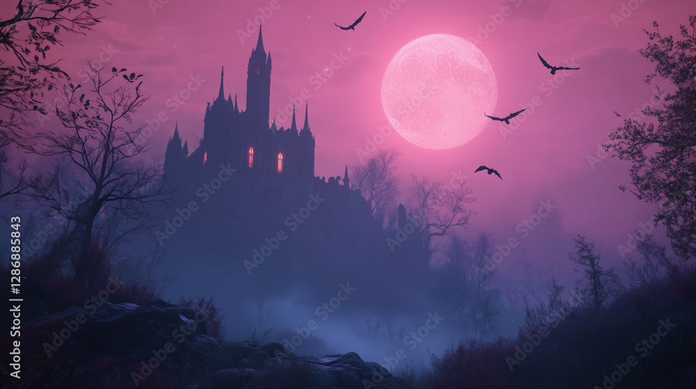 Mystical Castle Under the Moon: A gothic castle silhouette dominates the twilight scene, silhouetted against a vibrant moonlit sky. The scene evokes a sense of mystery and wonder. Mystical Castle Under the Moon: A gothic castle silhouette dominates the twilight scene, silhouetted against a vibrant moonlit sky. The scene evokes a sense of mystery and wonder.