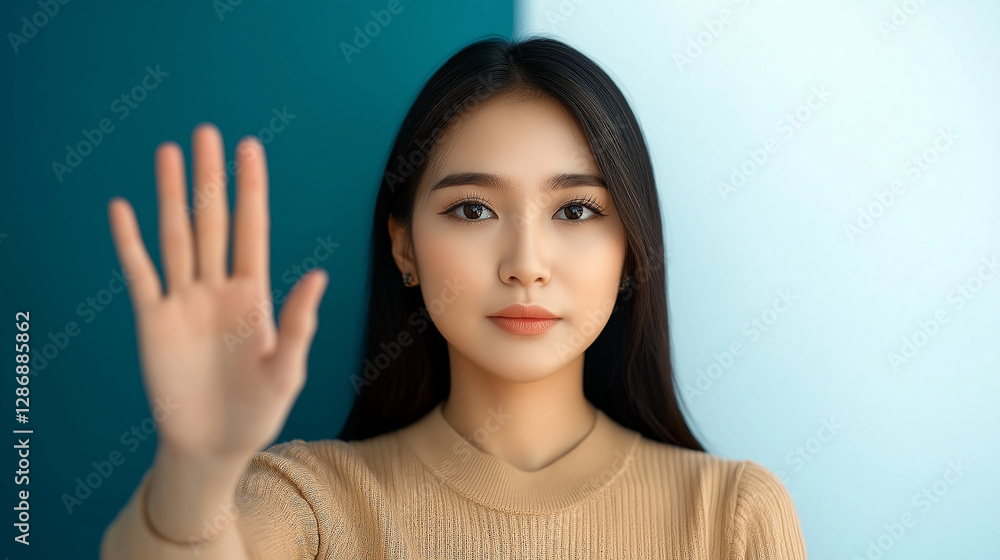 Young woman showing stop sign with hand in front of face Young woman showing stop sign with hand in front of face
