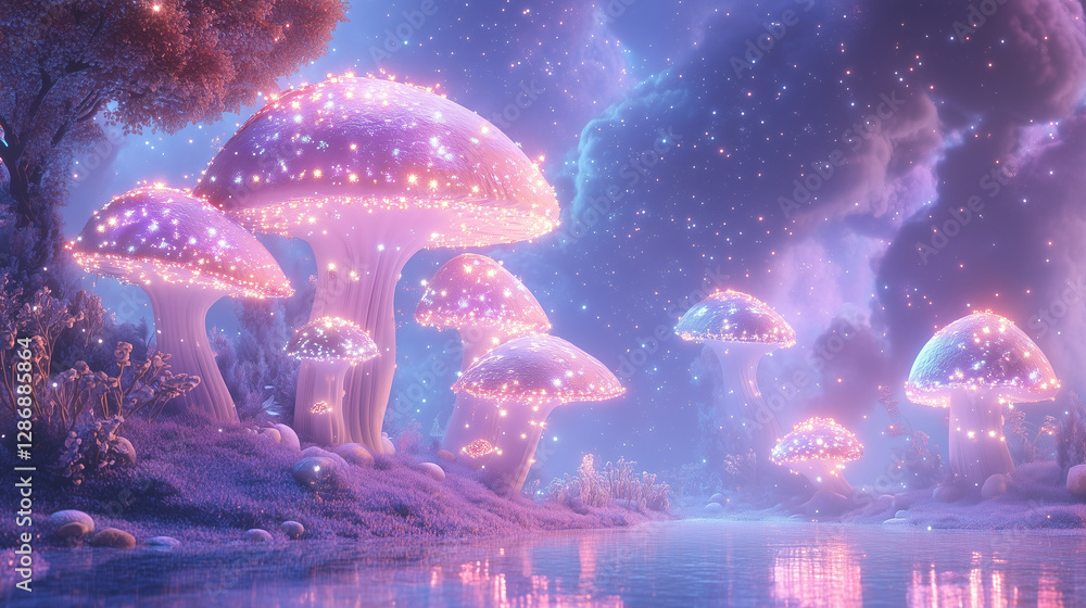 custom made wallpaper toronto digitalEnchanting Mushroom Forest: A captivating illustration of a whimsical mushroom forest at twilight. Luminous mushrooms cast a soft glow, reflecting in the tranquil water.