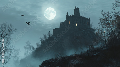 Mystical Castle Under Moonlight: A majestic castle sits atop a hill, shrouded in mist beneath the ethereal glow of a full moon, evoking a sense of mystery and history.
