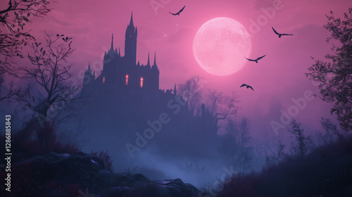 Mystical Castle Under the Moon: A gothic castle silhouette dominates the twilight scene, silhouetted against a vibrant moonlit sky. The scene evokes a sense of mystery and wonder.
