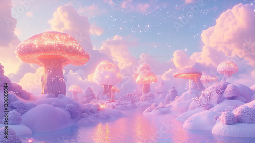 Celestial Fungi: A fantastical landscape of pastel-colored clouds and oversized mushroom-shaped structures, evoking a sense of wonder and the surreal.