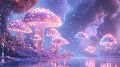 Wallpaper Mural Enchanting Mushroom Forest: A captivating illustration of a whimsical mushroom forest at twilight. Luminous mushrooms cast a soft glow, reflecting in the tranquil water. Torontodigital.ca