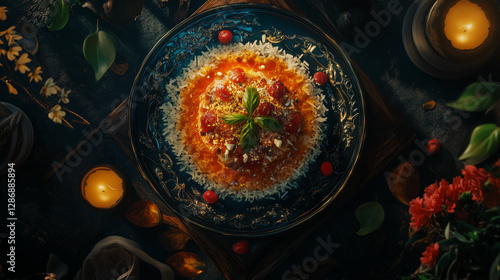 Gourmet Delight: An overhead view presents a meticulously arranged dish, brimming with culinary artistry, featuring an appetizing tomato sauce, with carefully placed garnishings.