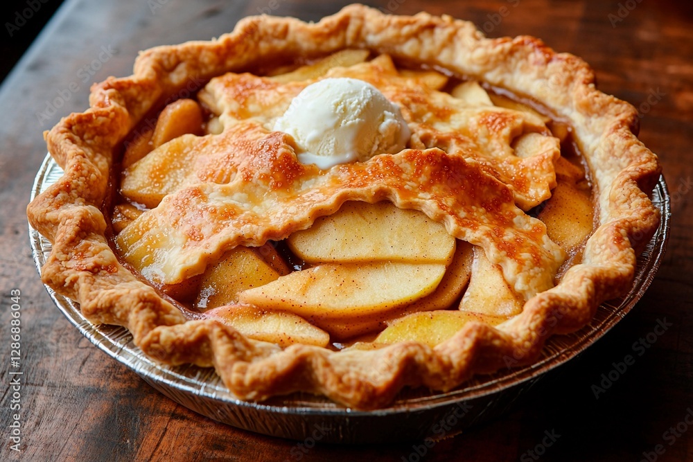 A delicious apple pie features a flaky, golden crust filled with juicy apple slices topped with a scoop of creamy vanilla ice cream, resting on a rustic wooden table A delicious apple pie features a flaky, golden crust filled with juicy apple slices topped with a scoop of creamy vanilla ice cream, resting on a rustic wooden table