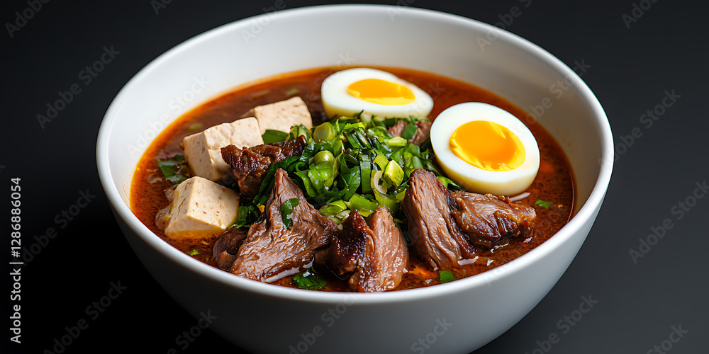 Delicious bowl of beef noodle soup with sliced eggs, tofu cubes, and chopped green onions, perfect for a cozy and satisfying meal. Delicious bowl of beef noodle soup with sliced eggs, tofu cubes, and chopped green onions, perfect for a cozy and satisfying meal.