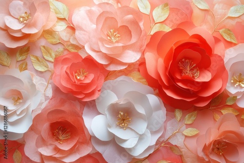Coral and White Paper Flowers with Gold Accents