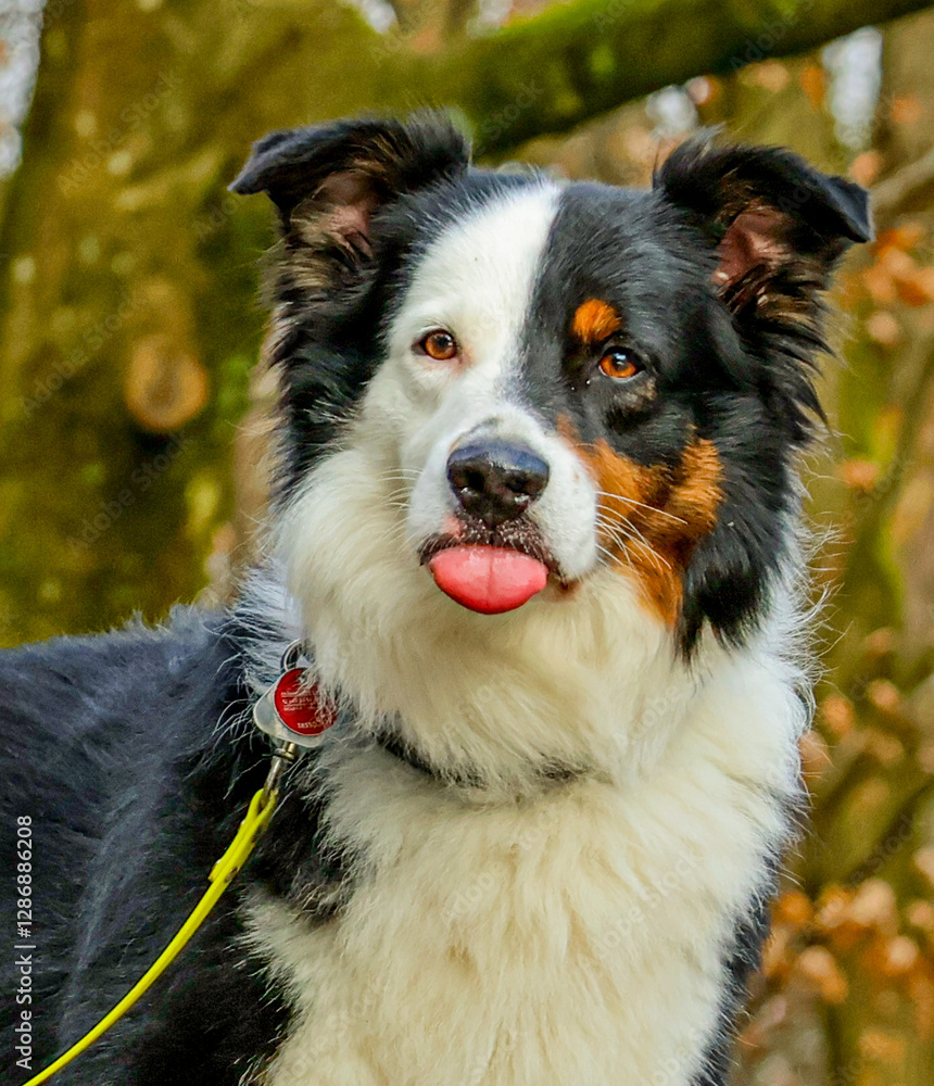 Fototapeta premium Playful black, white, and tan dog with tongue out in a forest setting