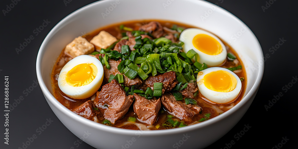 A bowl of noodle soup with beef, soft boiled eggs, tofu cubes and fresh scallions, creating a visually appealing and delicious meal. A bowl of noodle soup with beef, soft boiled eggs, tofu cubes and fresh scallions, creating a visually appealing and delicious meal.