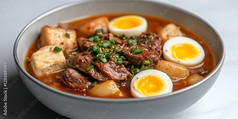 Hearty stew bowl with meat, tofu, boiled eggs, and potatoes, garnished with green onions and sesame seeds. A satisfying and flavorful meal. Hearty stew bowl with meat, tofu, boiled eggs, and potatoes, garnished with green onions and sesame seeds. A satisfying and flavorful meal.