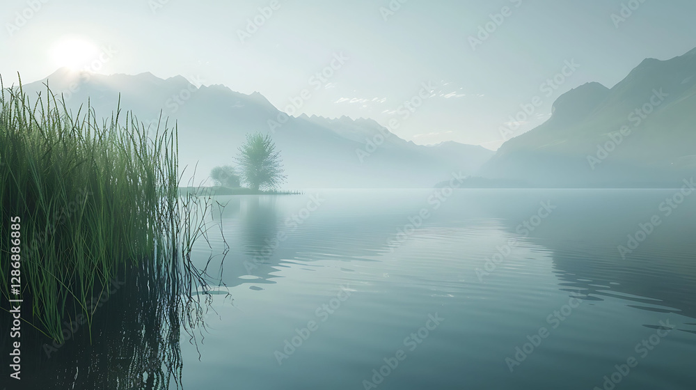 A tranquil lakeside with reeds, calm water, and a distant mountain range in A tranquil lakeside with reeds, calm water, and a distant mountain range in