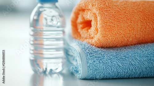 Refreshing hydration concept with water bottle and towel for fitness and wellness photo