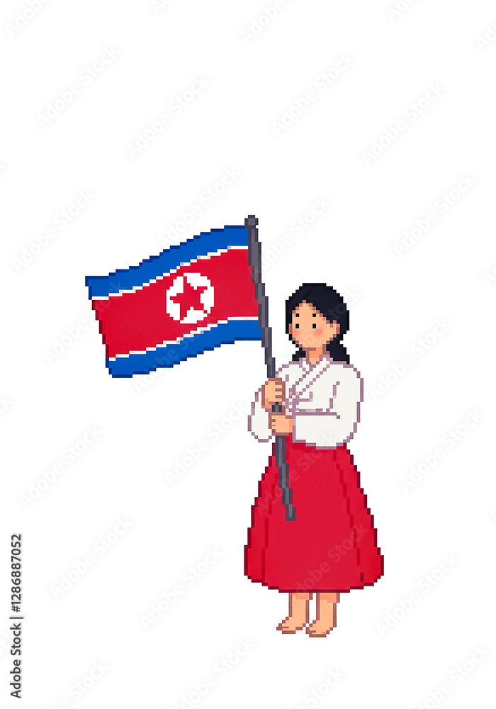 pixel art style woman holding a flag of Korea, Democratic People's Republic pixel art style woman holding a flag of Korea, Democratic People's Republic