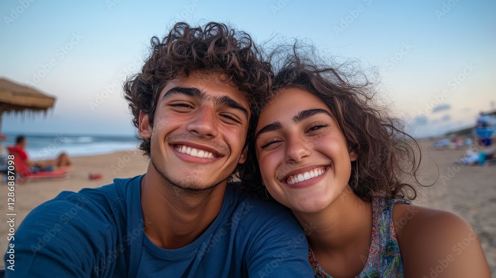 Two people are enjoying a beach sunset moment. Two people are enjoying a beach sunset moment.