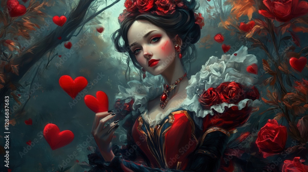 Queen of Hearts in red and black attire, surrounded by floating hearts and roses, whimsical forest Queen of Hearts in red and black attire, surrounded by floating hearts and roses, whimsical forest