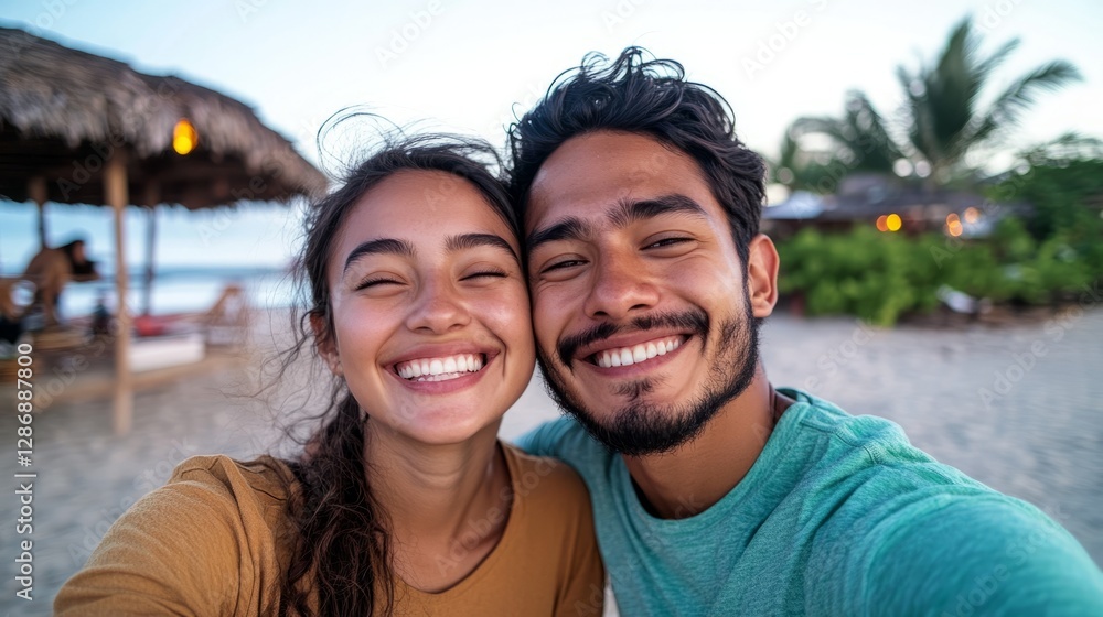 Two people smiling at camera, posing for a selfie in front of beach with hut, under blue sky. Two people smiling at camera, posing for a selfie in front of beach with hut, under blue sky.