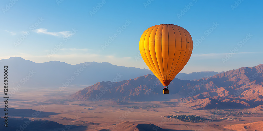 Obraz premium Soaring High: A vibrant hot air balloon drifts serenely over a vast desert landscape, set against a backdrop of majestic mountains and a clear sky.