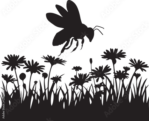 Silhouette Bee Flying Over Meadow Flowers Grass Nature