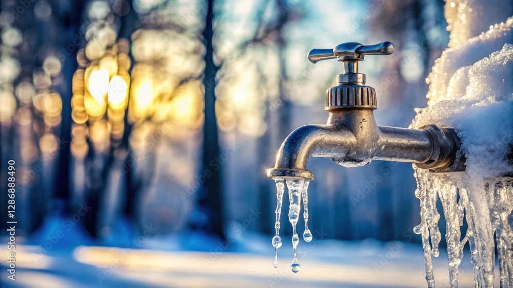 A frozen faucet covered in delicate icicles, its metal surface gleaming with frosty sheen, reflecting the soft light of the surrounding environment , winter wonderland, frosty faucet A frozen faucet covered in delicate icicles, its metal surface gleaming with frosty sheen, reflecting the soft light of the surrounding environment , winter wonderland, frosty faucet