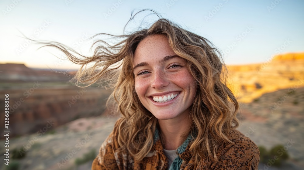 A smiling person poses outdoors during sunset. A smiling person poses outdoors during sunset.