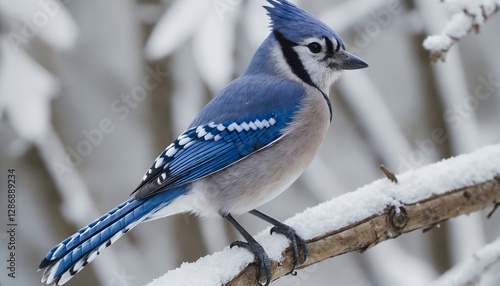A blue jay is sitting on a snow-covered branch.Snowy winter landscape.