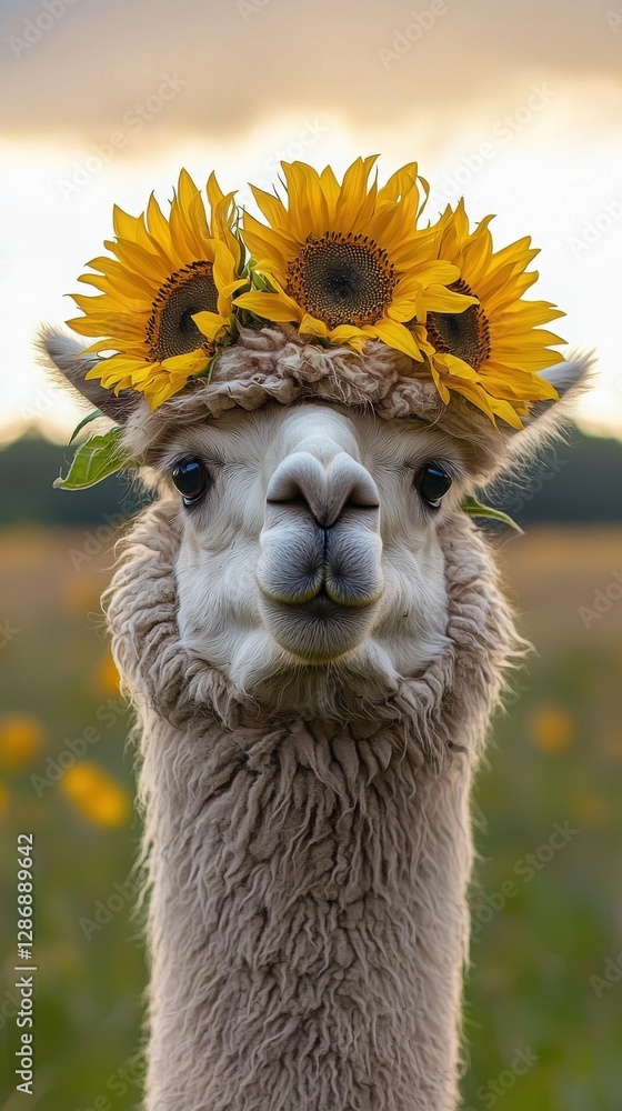 Obraz premium Adorable alpaca wearing a sunflower crown in a field. A heartwarming summer scene.