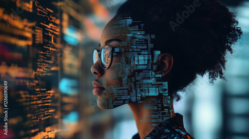 A female with a tech pattern overlay