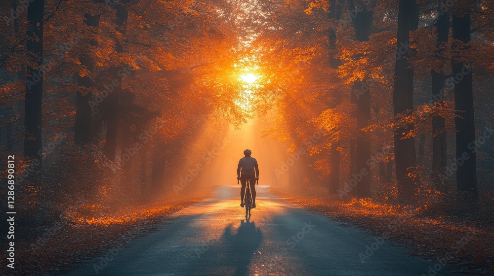 A cyclist rides towards the sun in a tree lined road A cyclist rides towards the sun in a tree lined road